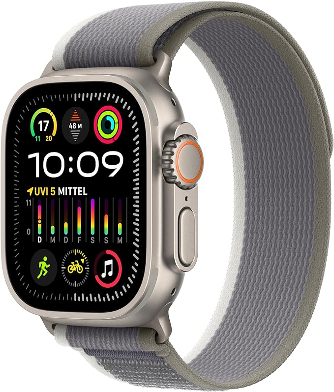 Apple Watch Ultra 2 (GPS + Cellular, 49 mm) Smartwatch mit robustem Titangehäuse und Trail Loop Armband (M/L) in Grün/Grau. Fitnesstracker, präzises GPS, extra lange Batterielaufzeit, CO₂ neutral